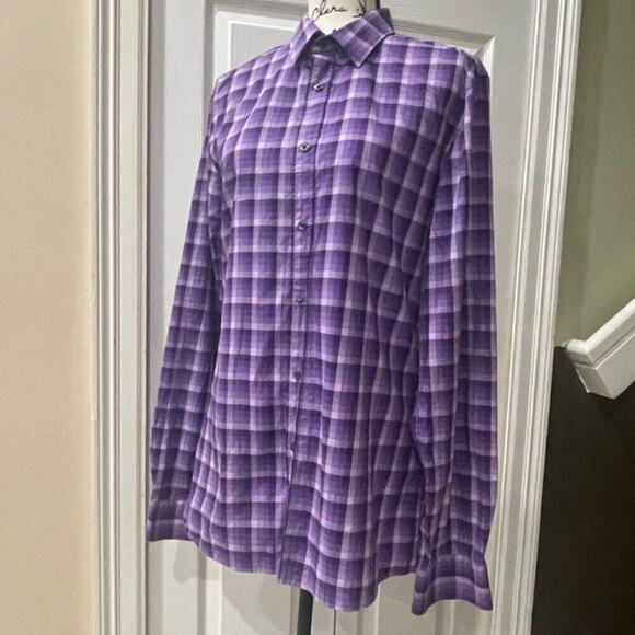 HUGO BOSS SLIM BUTTON UP LONG SLEEVE SHIRT PLAID PURPLE COLOR SIZE LARGE - Picture 7 of 16